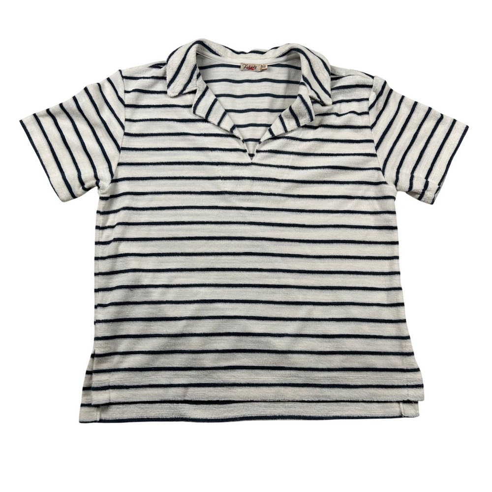 Faherty Womens Small Terry Cloth Polo Shirt Striped Short Sleeve V-Neck Nautical
